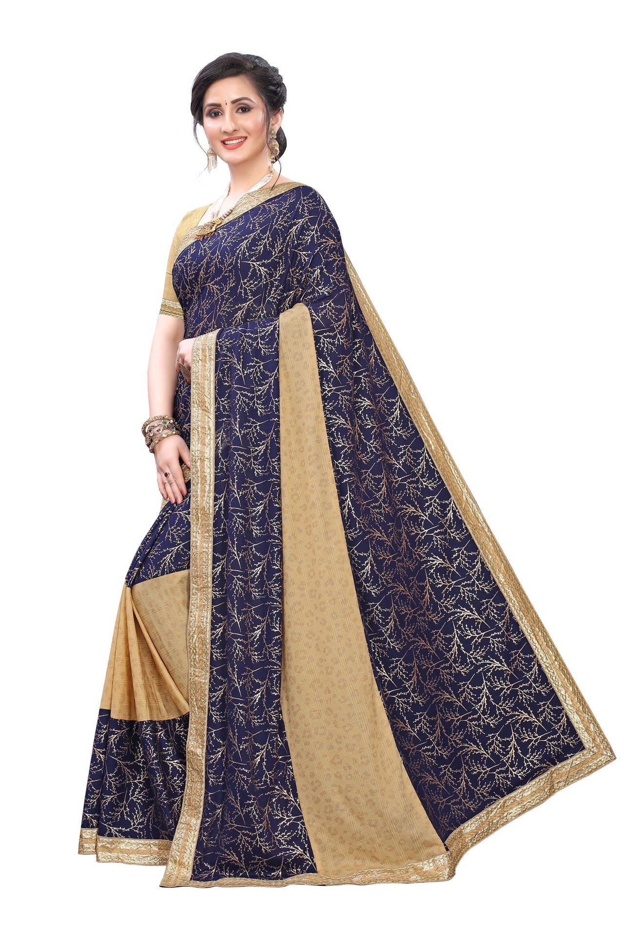 Best Ever Lycra Blend Saree ( Brown & Blue) with Banglori Blouse