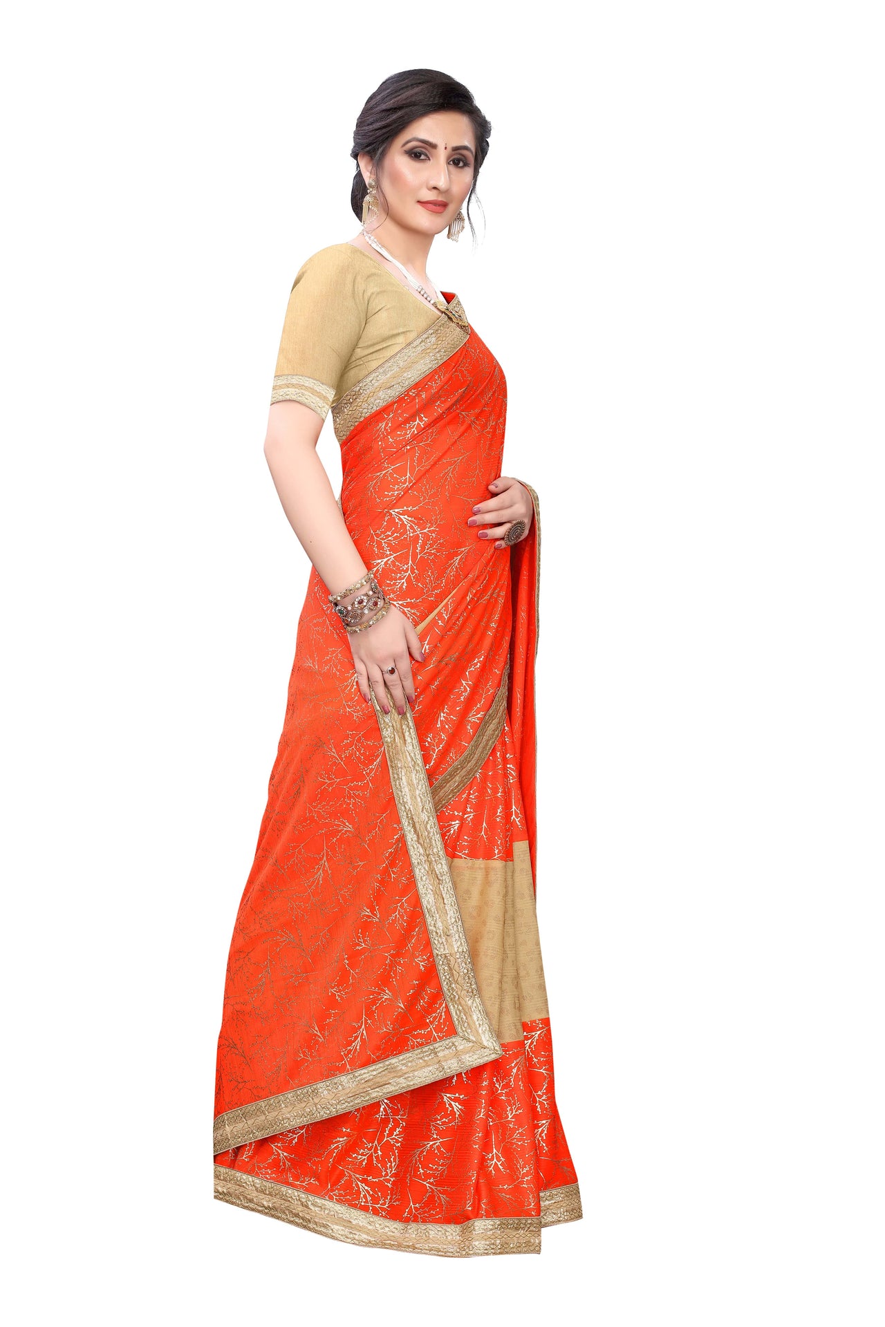 Best Ever Lycra Blend Saree ( Orange & Red) with Banglori Blouse