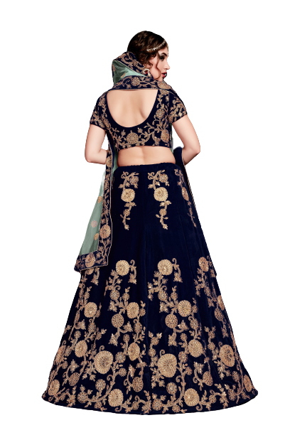 Semi-Stitched Raw Silk Lehenga For Women (Navy Blue)