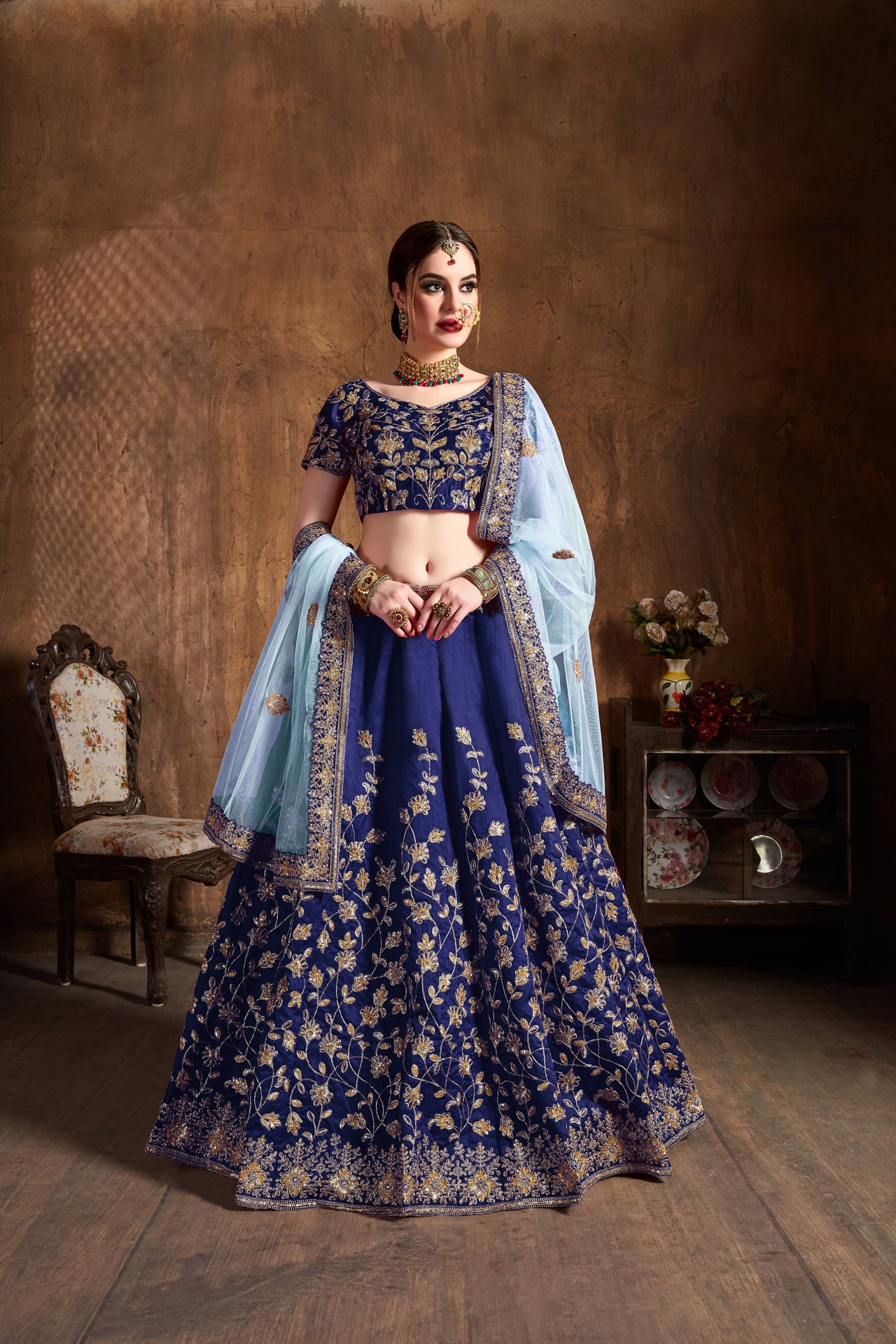 Semi-Stitched Raw Silk Lehenga For Women (Navy Blue)