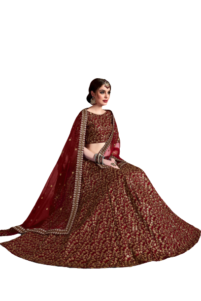 Best  Wedding Semi-Stitched Raw Silk Lehenga For Women (Maroon)