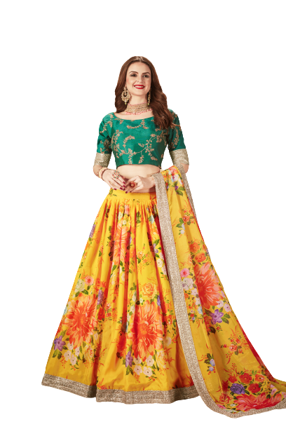 Semi-Stitched Organza Lehenga For Women (Yellow & Green )