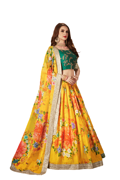 Semi-Stitched Organza Lehenga For Women (Yellow & Green )