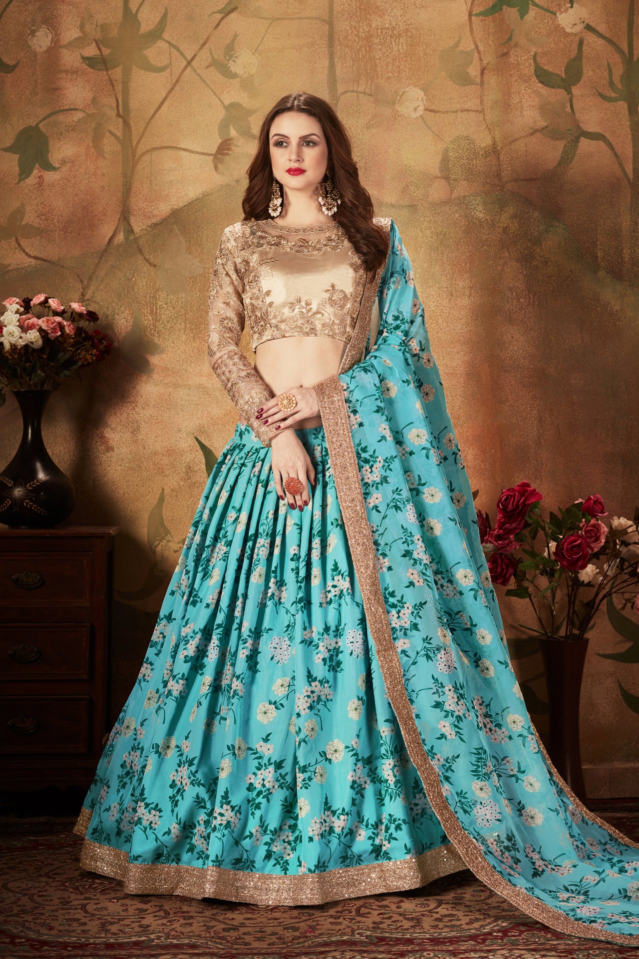 Semi-Stitched Organza Lehenga For Sky Blue