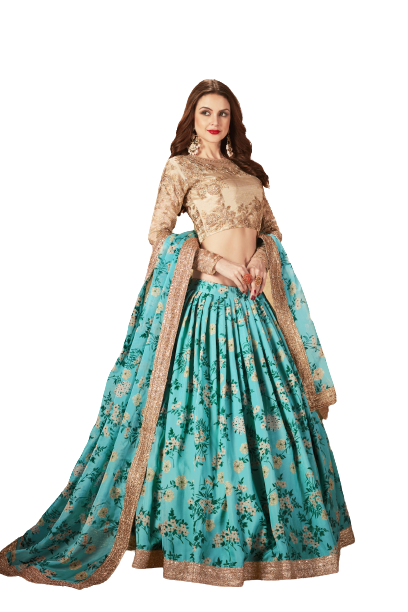 Semi-Stitched Organza Lehenga For Sky Blue