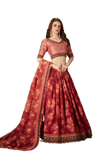 Semi-Stitched Organza Lehenga For Women (Maroon & Peach)