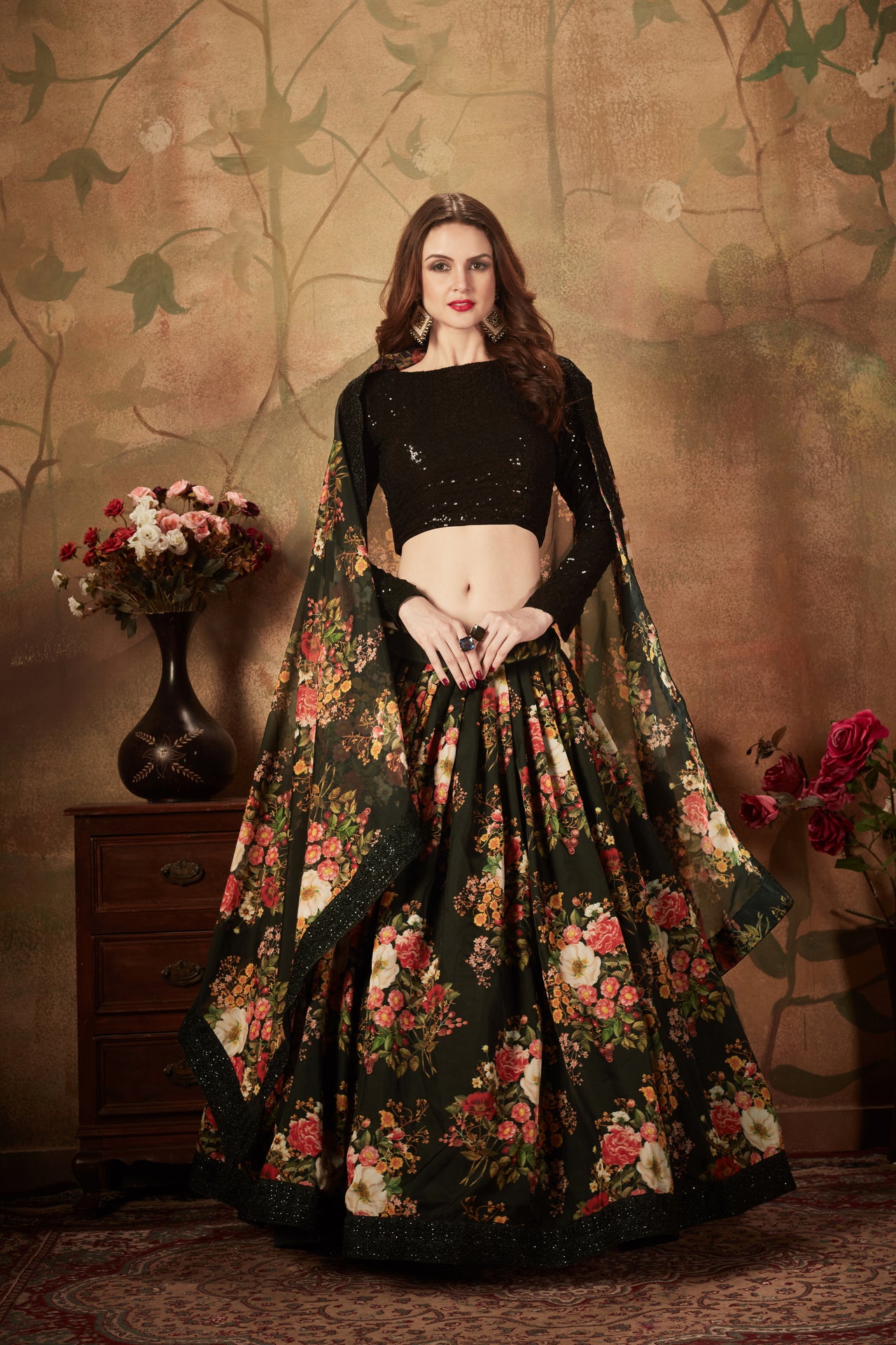 Semi-Stitched Organza Lehenga For Women (Black)