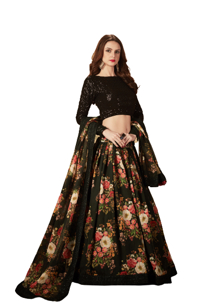 Semi-Stitched Organza Lehenga For Women (Black)