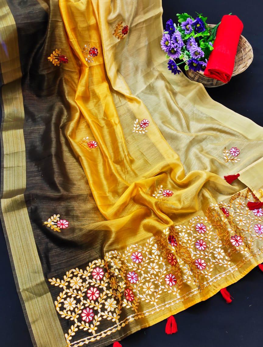 linen saree yellow