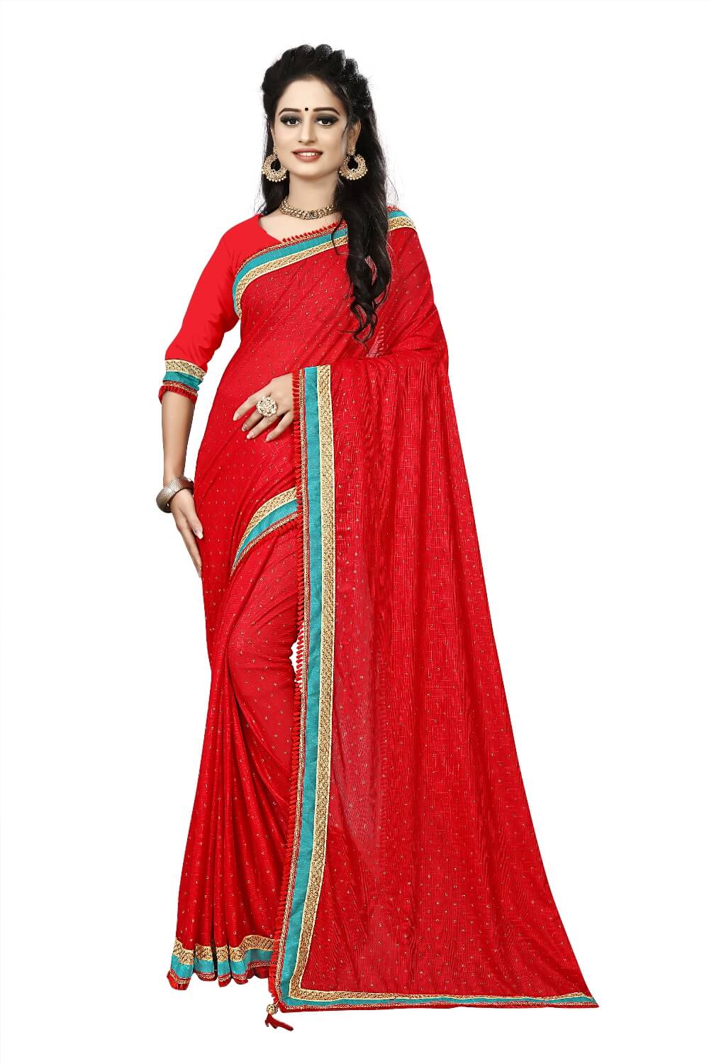 Best Ever Lycra Blend Saree ( Red & Blue) with Banglori Blouse