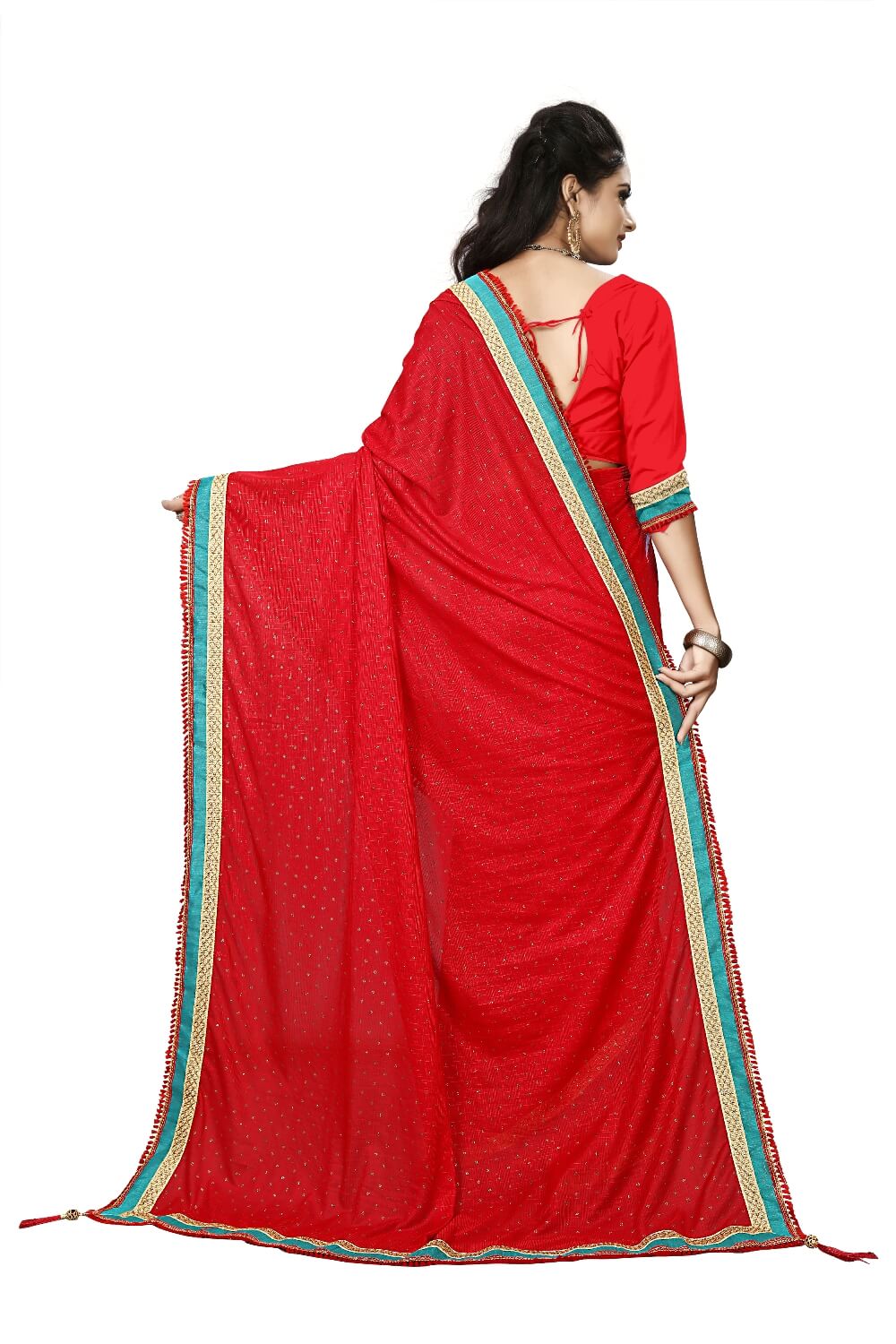 Best Ever Lycra Blend Saree ( Red & Blue) with Banglori Blouse