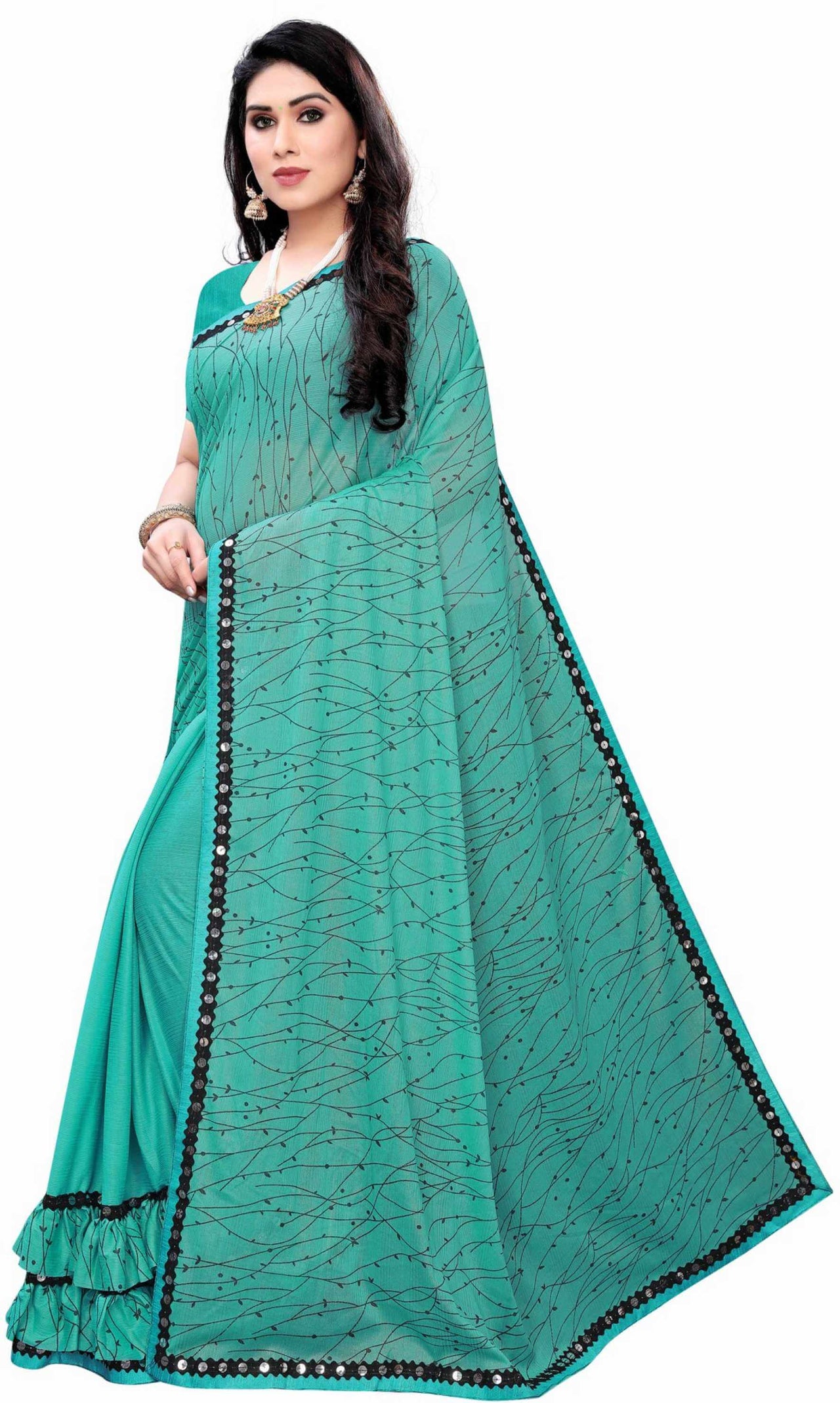 Best  Lycra Blend Saree ( Green & Sky Blue) with Banglori Blouse For Party