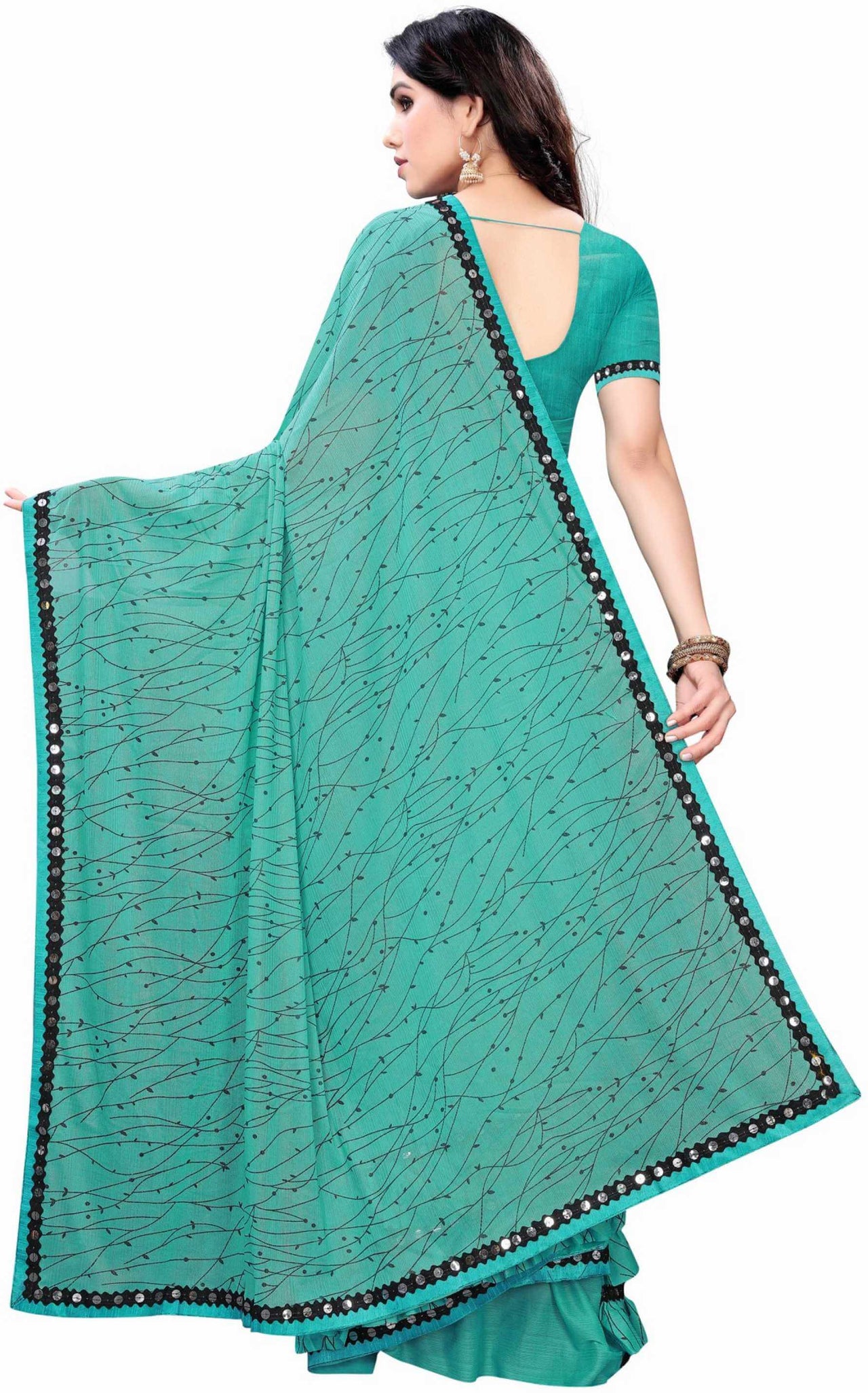 Best  Lycra Blend Saree ( Green & Sky Blue) with Banglori Blouse For Party