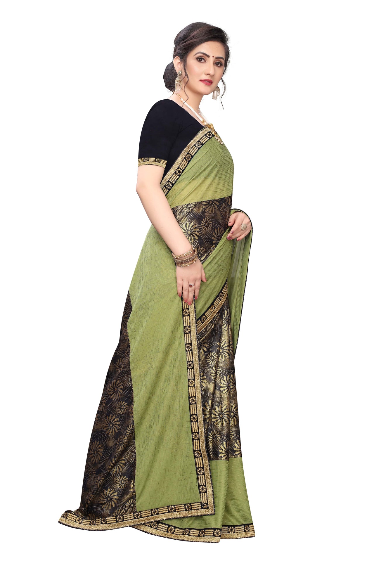 Best  Lycra Blend Saree ( Green & Brown) with Banglori Blouse