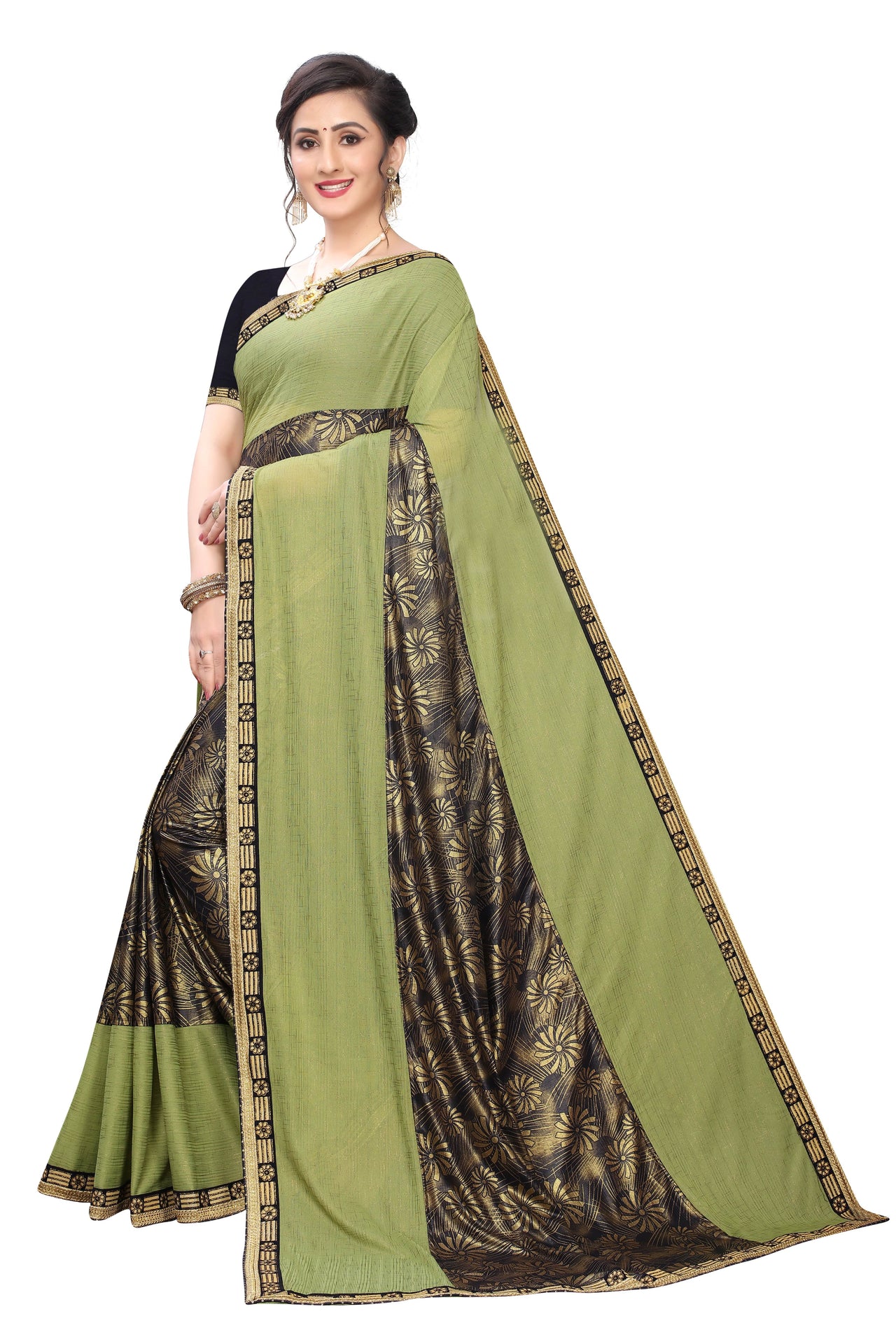 Best  Lycra Blend Saree ( Green & Brown) with Banglori Blouse