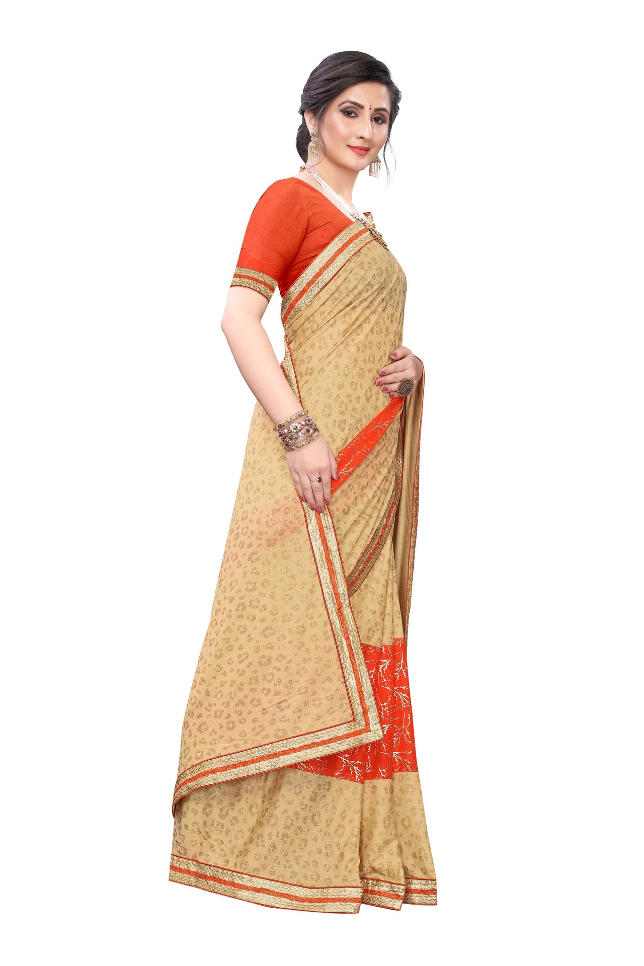 Best Lycra Blend Saree ( Orange & Blue) with Banglori Blouse