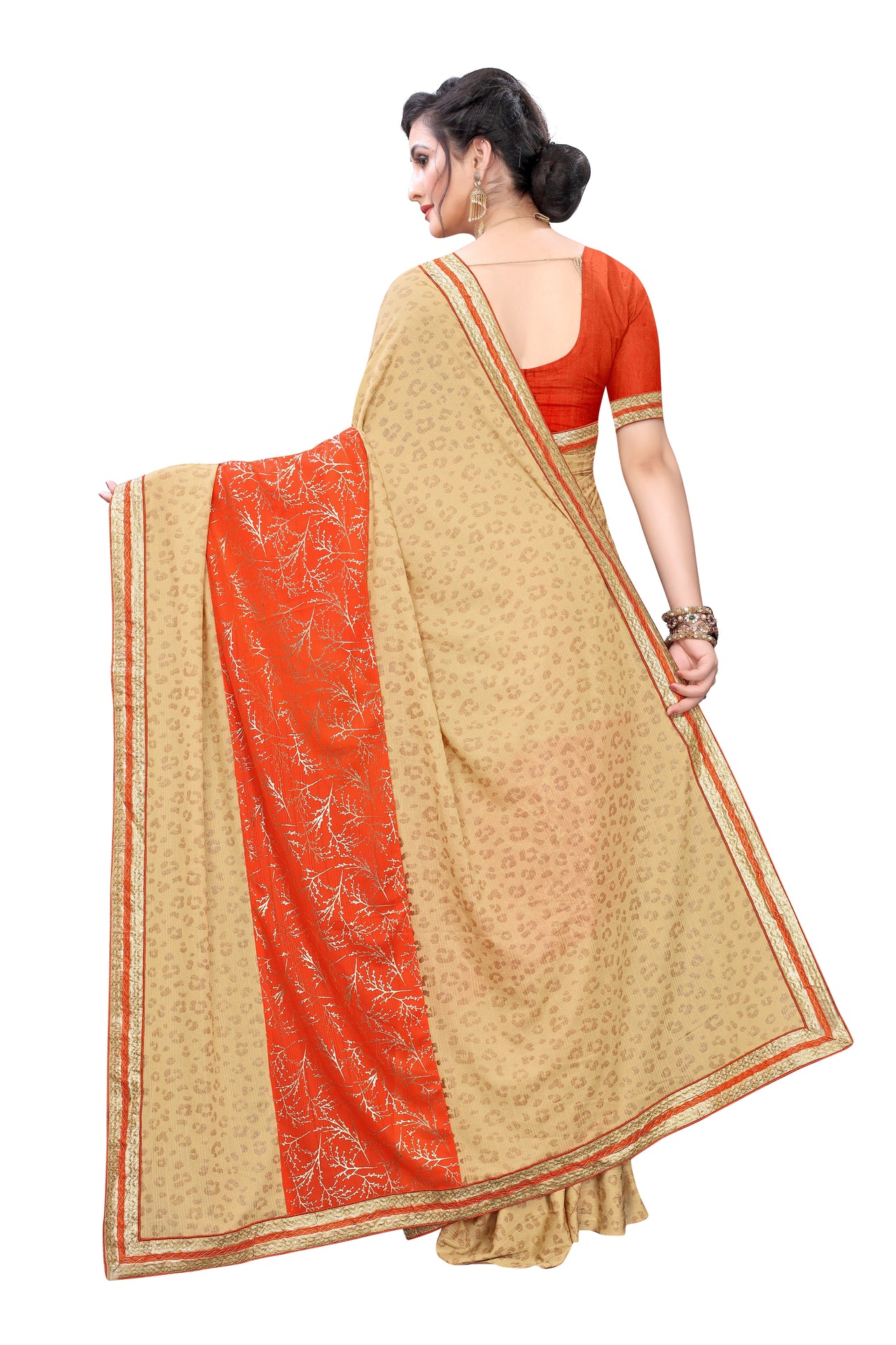 Best Lycra Blend Saree ( Orange & Blue) with Banglori Blouse