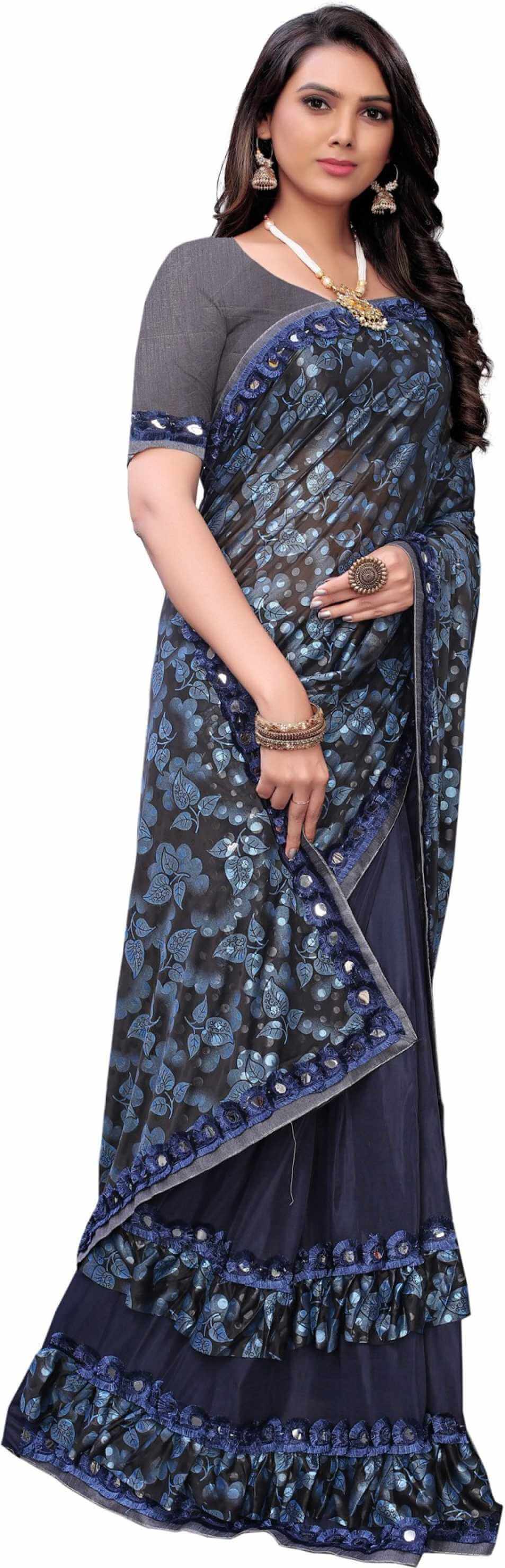 Best  Lycra Blend Saree ( Blue & Brown) with Banglori Blouse For Party