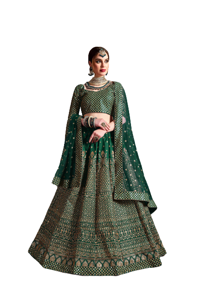 Raw Silk Semi-Stitched Bridal Lehenga For Women (Green)