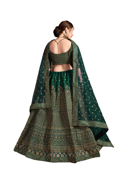 Raw Silk Semi-Stitched Bridal Lehenga For Women (Green)