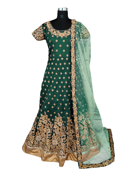 Semi-stitched silk Kalidaar Anarkali suit (Green)