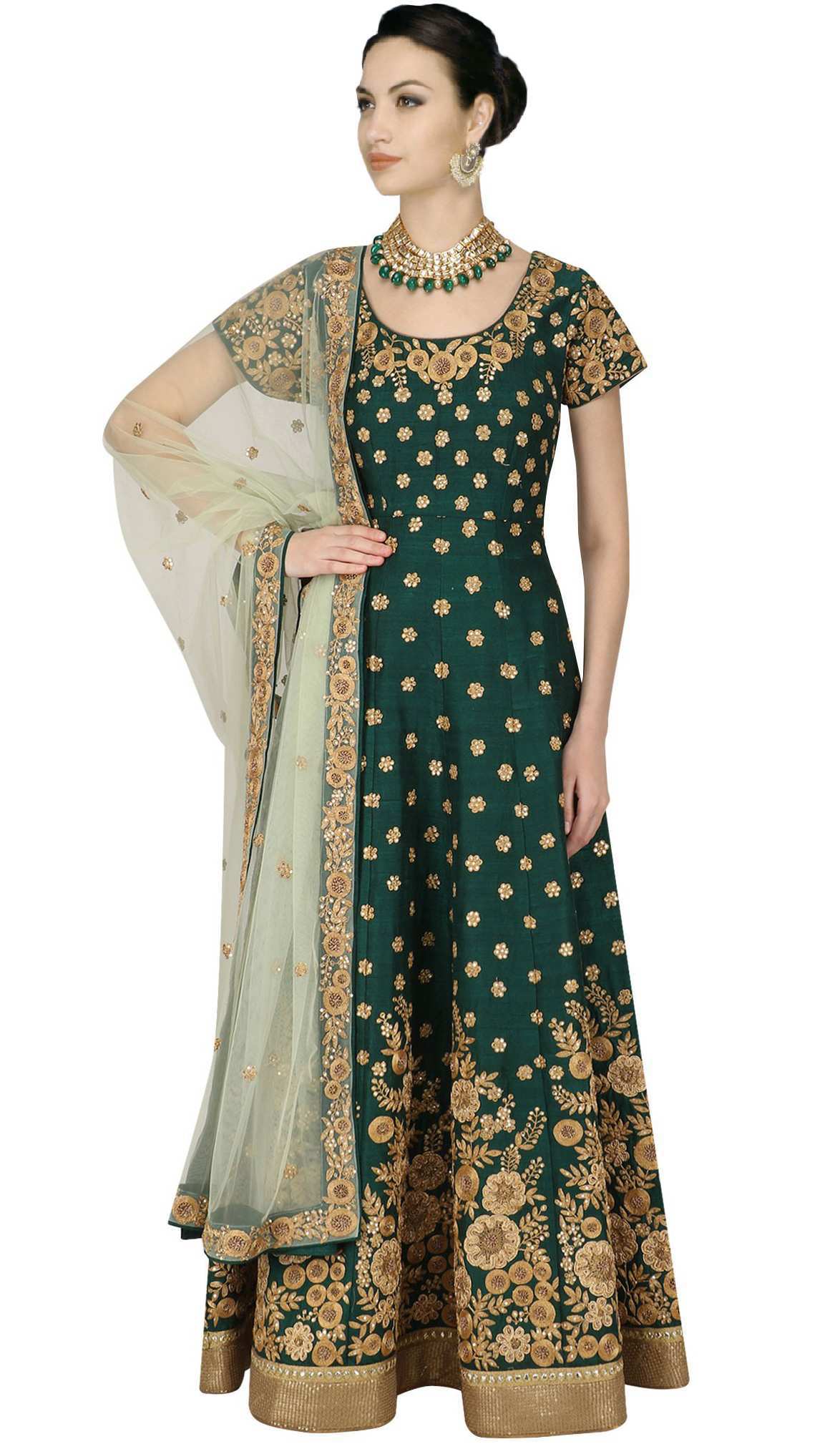 Semi-stitched silk Kalidaar Anarkali suit (Green)