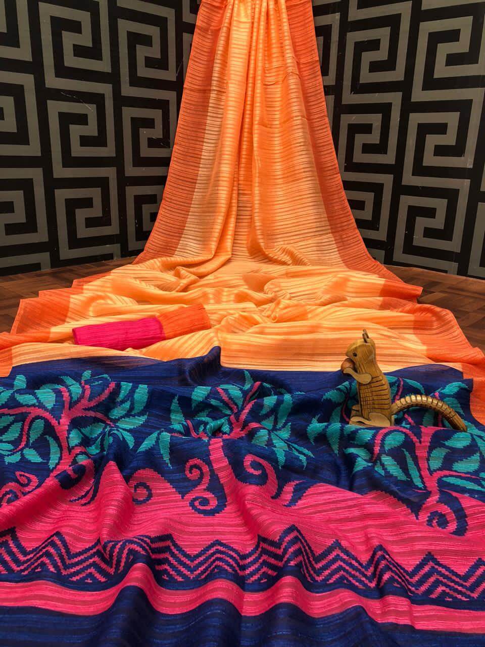 Cotton silk  Women special Orange and Blue saree