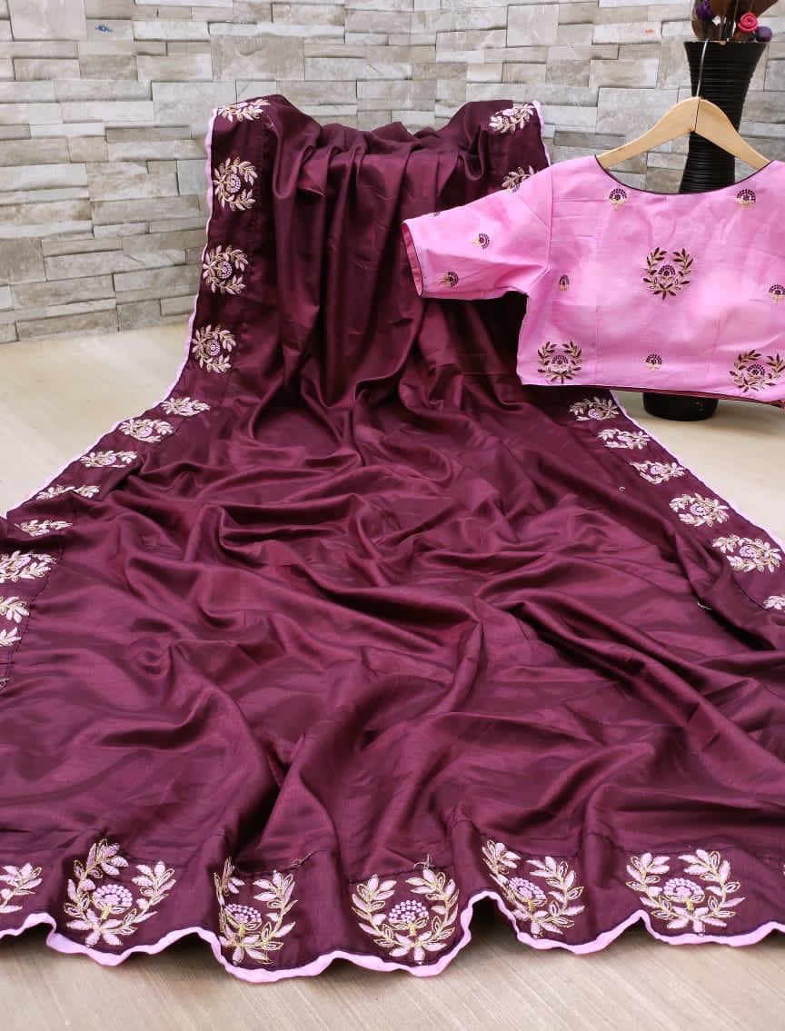 Heavy Dola silk saree with  with embroidery thread multi work  and lehriya fancy lace