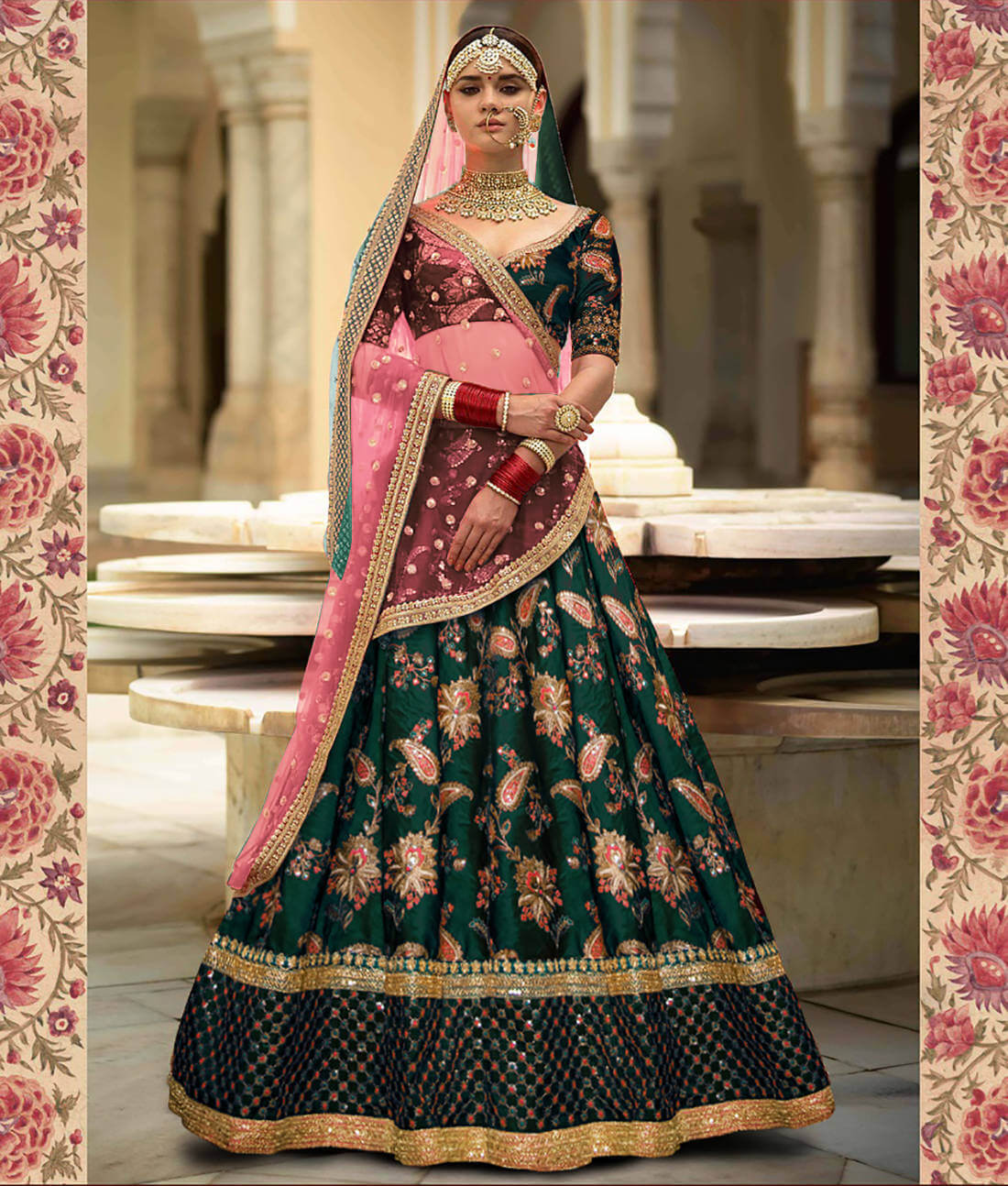 Women's Bridal Taffeta Silk  Semi-Stitched Lehenga Choli (Green/Maroon/Purple)