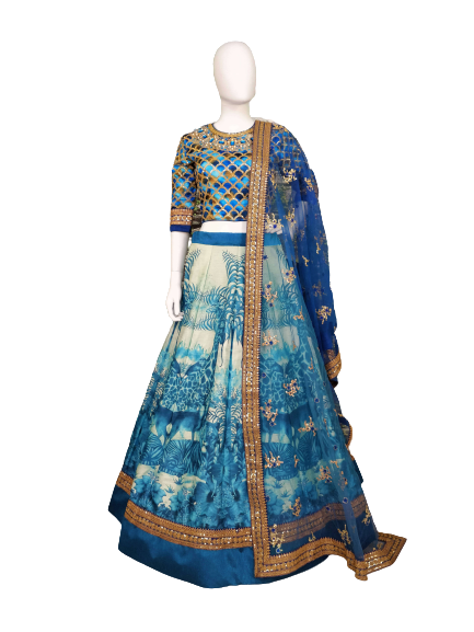 Chennai Silk Semi-stitched Madagascar Lehenga For Women (Blue & Green)