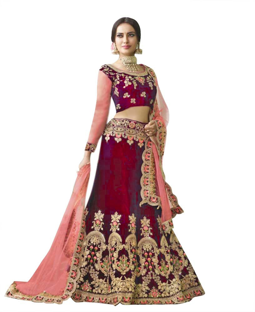 Semi- Stitched Wedding  Maroon silk Lehenga  for women