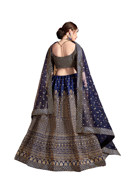 Raw Silk Semi-Stitched Bridal Lehenga For Women (Blue)