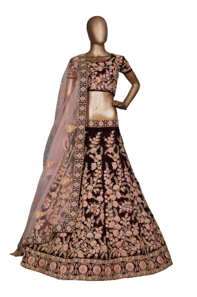 Women's Velvet Embroidered Bridal Semi Stitched Lehenga Choli with Dupatta (Maroon)